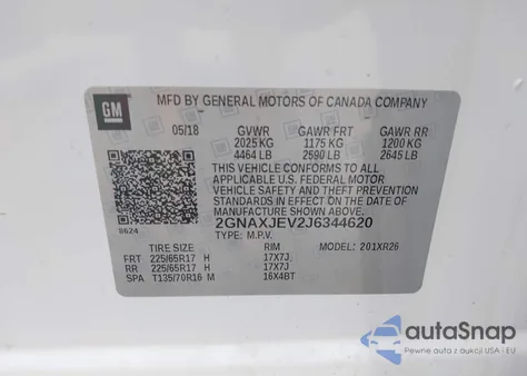2018 Chevrolet Equinox Lt из США, поврежденный, VIN 2GNAXJEV2J6344620